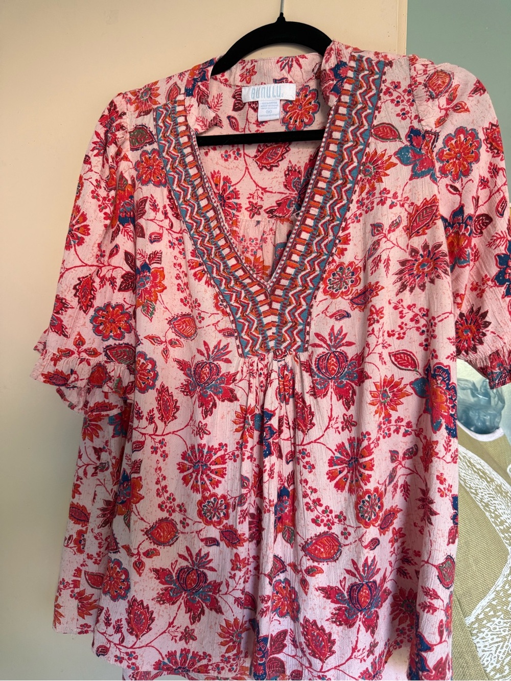 Anthropologie Pink Floral Embroidered V-Neck Tunic